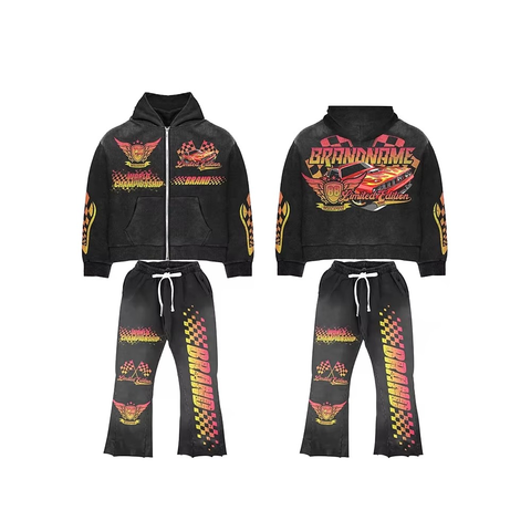 Acid Washed Unisex Zip Up Hoodie Flared