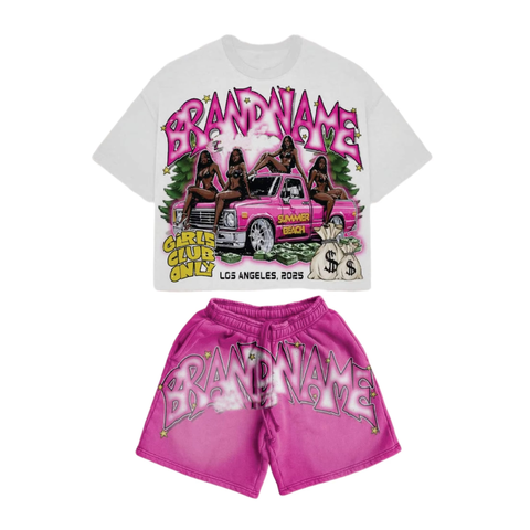 Crop T Shirt Shorts Set White Pink
