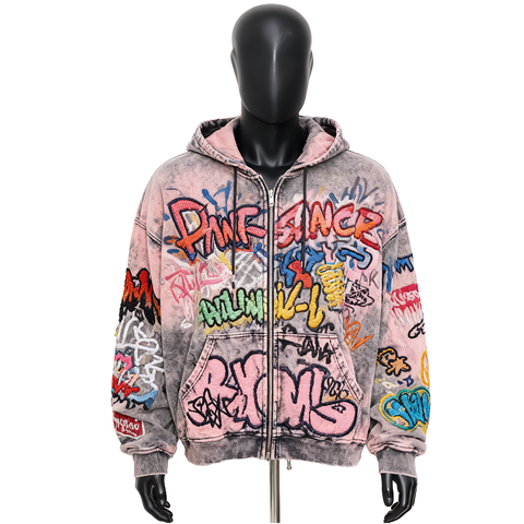 Embroidered Graffiti Hoodie Vintage Washed Zip Up
