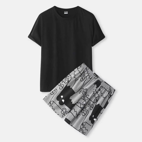 T Shirt Shorts Set Black Grey Cartoon