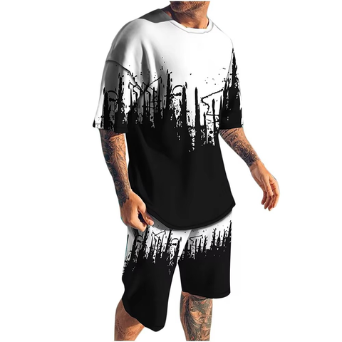 T Shirt Shorts Set Black White City