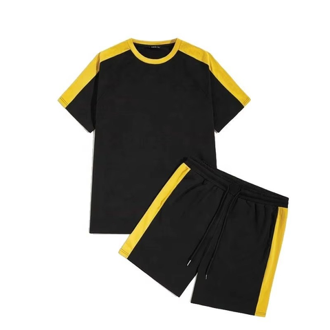 T Shirt Shorts Set Black Yellow Colorblock
