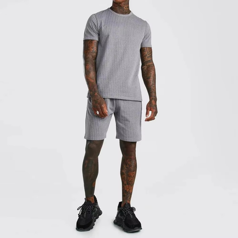 T Shirt Shorts Set Grey Pinstripe Casual