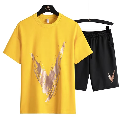 T Shirt Shorts Set Yellow Black Graphic