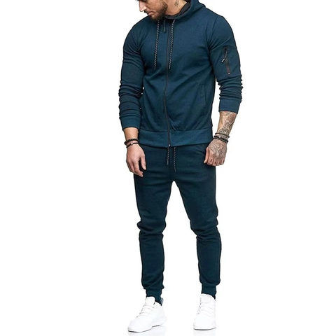 Men's Black Full Zip Hooded Tracksuit Set