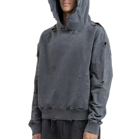 Men's Oversized Distressed Hoodie Solid Color Cotton