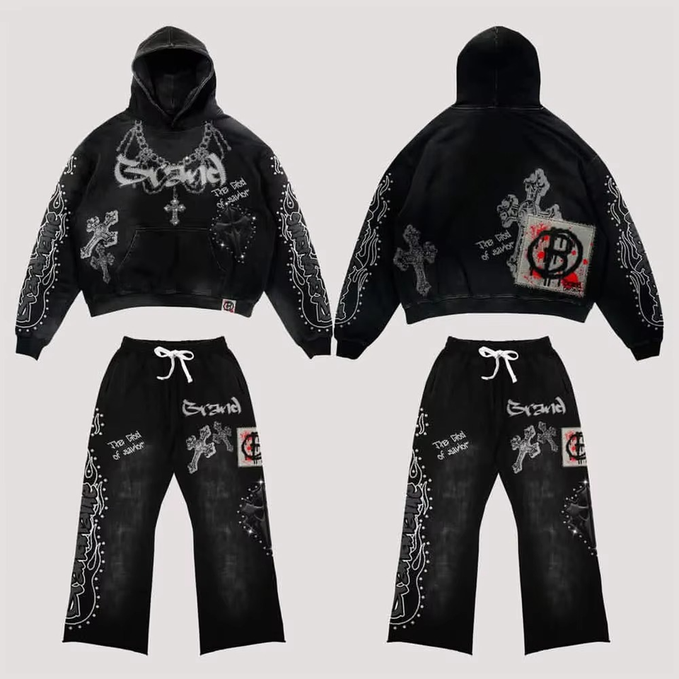 100% Cotton Men's Casual Sweat Suit Rhinestones - Image 3