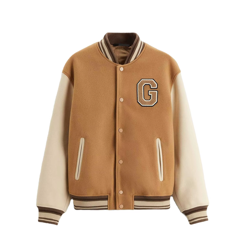 Chenille Letter Patch Varsity Jacket Camel Cream