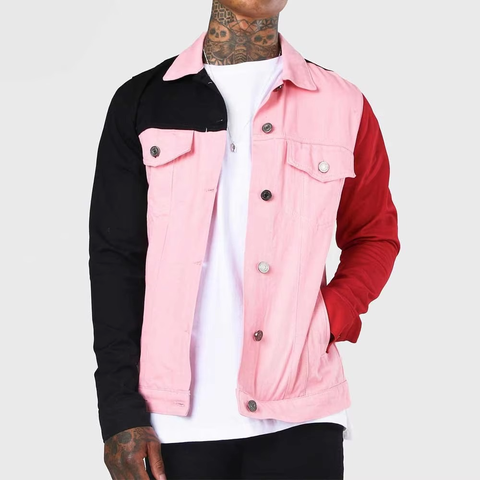Color Block Denim Jacket Men Pink Black