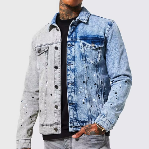 Two Tone Letter Stand Collar Denim Jacket