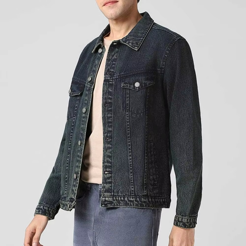 Vintage Black Denim Jacket Men Washed Casual