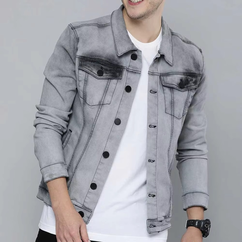 Washed Grey Denim Jacket Men Vintage Streetwear