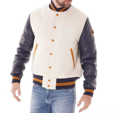 White Wool Navy Leather Sleeve Varsity Jacket