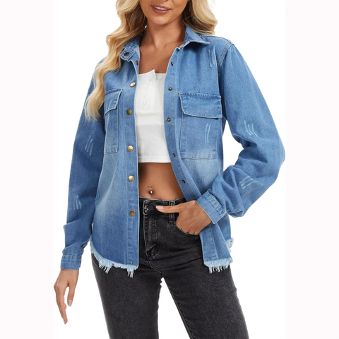Denim Jacket Women Long Sleeve Classic Distressed