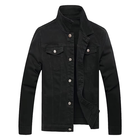 Mens Black Denim Jacket Stand Collar Plain