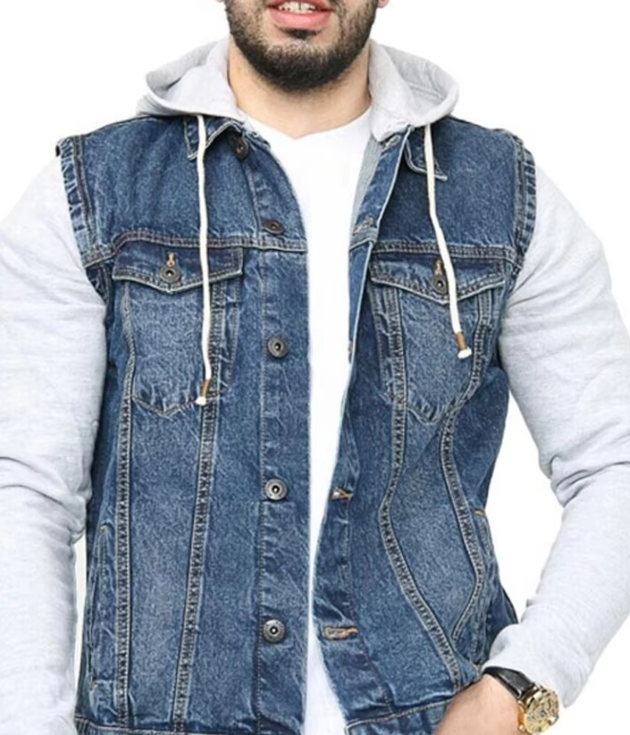 Mens Denim Vest Hooded Sleeveless Jean Jacket