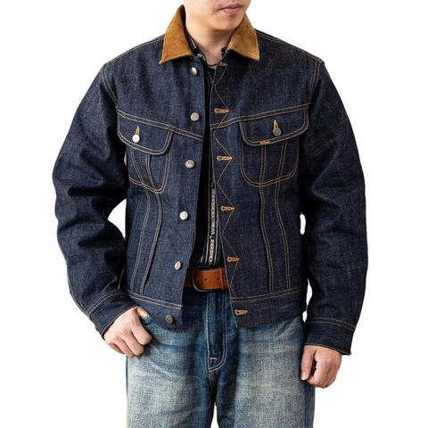 Mens Raw Denim Jacket Corduroy Collar Selvedge